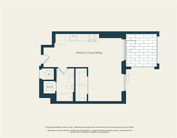 A floor plan of a kitchen/living/dining area with a separate W.D.