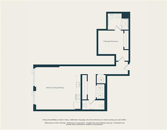 A floor plan of a house with a kitchen, living room, and two bedrooms.
