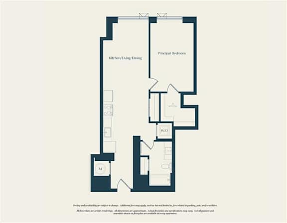 Floor Plan  A floor plan of a house with a kitchen, living room, dining room, and principal bedroom.