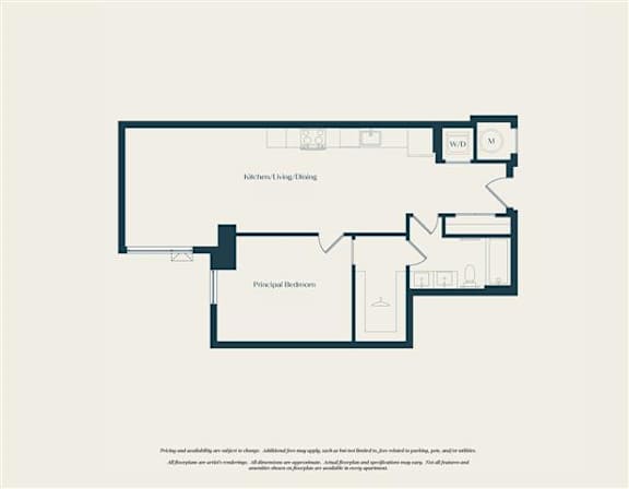 A floor plan of a house with a kitchen, living room, dining room, and principal bedroom.