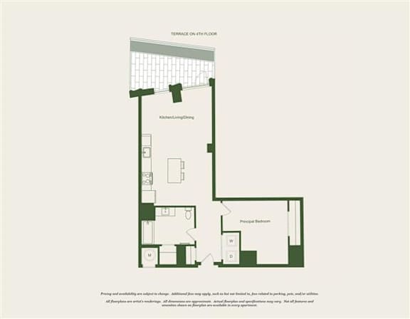 A floor plan of a house with a terrace on the 4th floor.