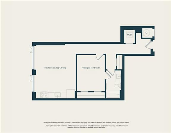 A floor plan of a house with a kitchen, dining area, and two bedrooms.