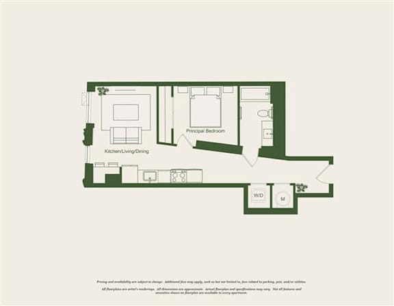 A floor plan of a house with a kitchen, living room, dining area, and two bedrooms.