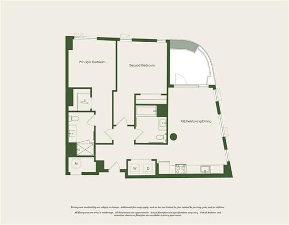 A floor plan of a house with a principal bedroom, a second bedroom, and a kitchen with living room.