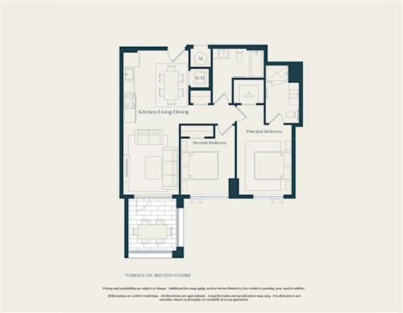 Floor Plan  A floor plan of a house with labeled rooms such as &quot;Kitchen/Living/Dining&quot; and &quot;Bedrooms.&quot;.