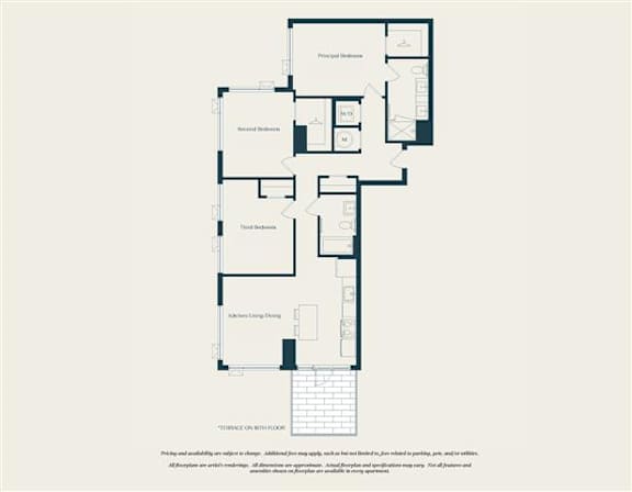 A floor plan of a building with labeled rooms such as "Principal Bedroom", "Second Bedroom", and "Bathroom".