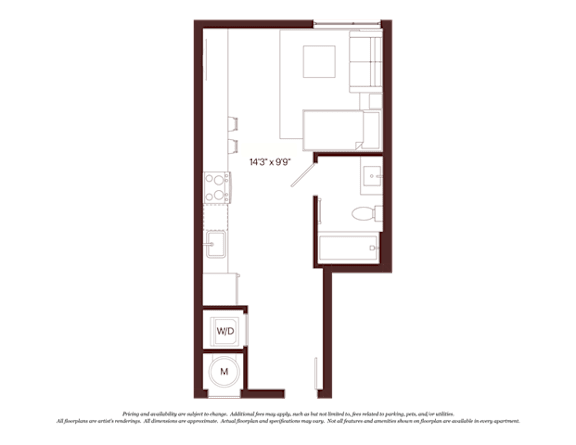 A floor plan of a room with dimensions 143"x99" and labeled W/D.