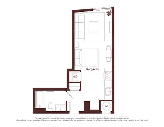 A floor plan of a house with a living area, a bedroom, a bathroom, and a kitchen.