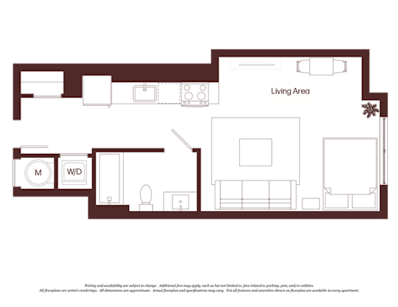 A floor plan of a house with a living area, kitchen, and bathrooms.