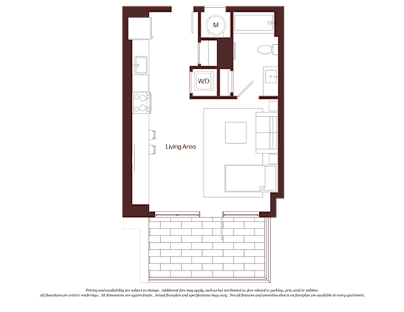 A floor plan of a room with a living area, kitchen, and a bathroom.