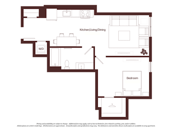A floor plan of a house with a kitchen, living room, dining room, and bedroom.