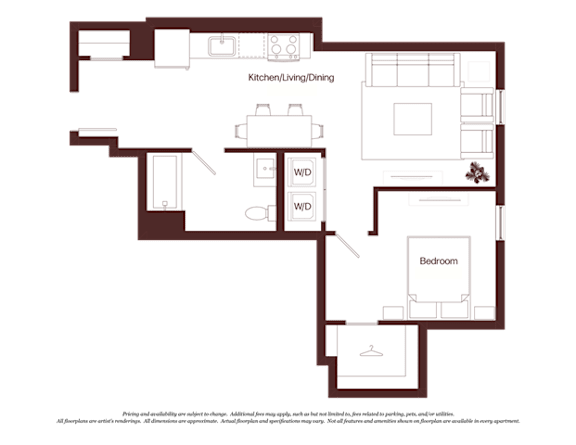A floor plan of a house with a kitchen, two living areas, and a bedroom.