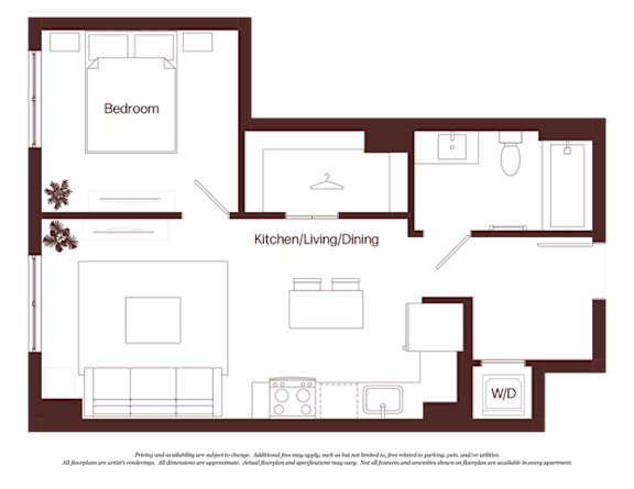 A floor plan of a house with a bedroom, kitchen, and a workspace.
