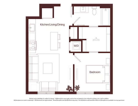 A floor plan of a house with a kitchen, dining area, and a bedroom.