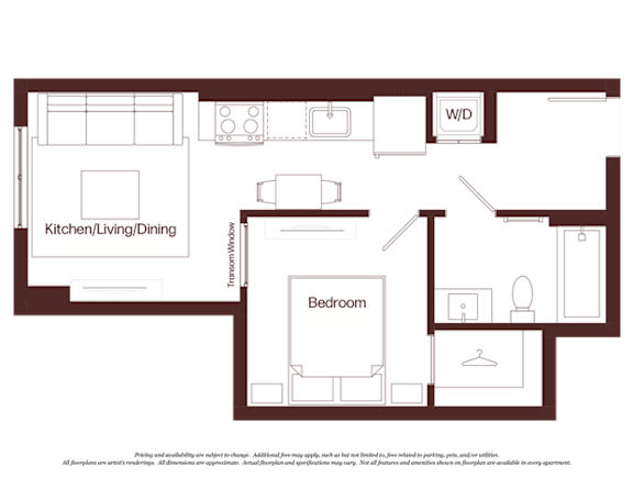 A floor plan of a house with a kitchen, living room, dining room, and two bedrooms.