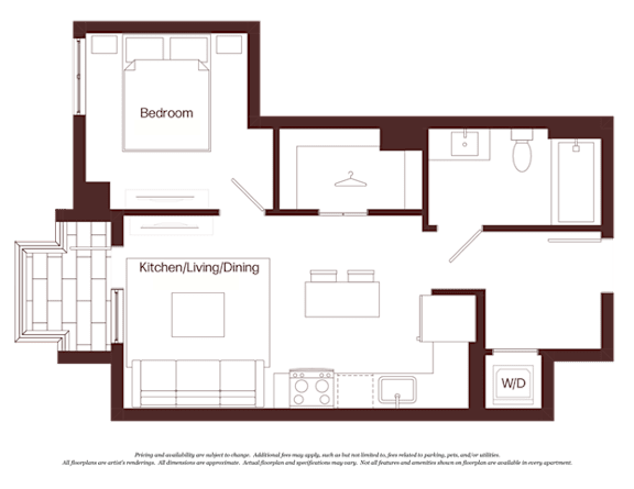 A floor plan of a house with a bedroom, kitchen/living/dining area, and a W.D.