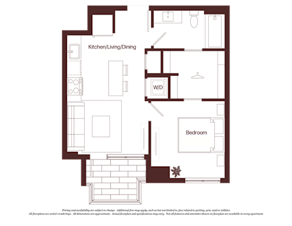 A floor plan of a house with a kitchen, dining area, and a bedroom.
