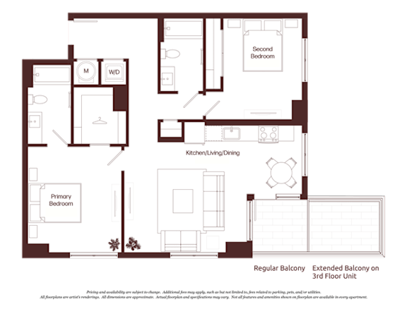A floor plan of a house with a kitchen, dining area, and two bedrooms.