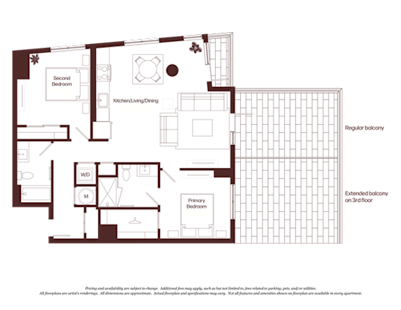 A floor plan of a house with a kitchen, living room, dining room, and two bedrooms.