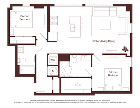 A floor plan of a house with a kitchen, living room, dining room, and two bedrooms.