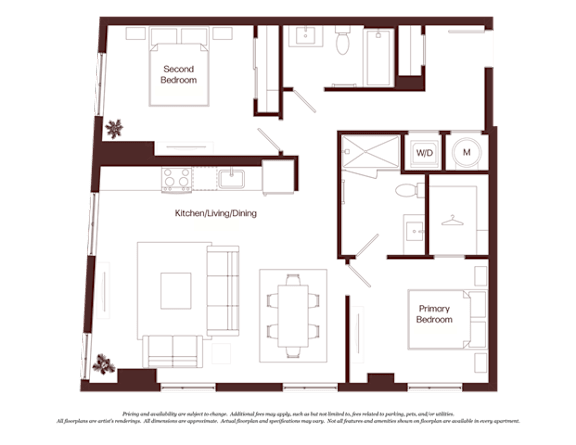 A floor plan of a house with a kitchen, living room, dining room, and two bedrooms.
