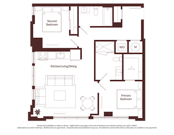 A floor plan of a house with a kitchen, dining area, and two bedrooms.
