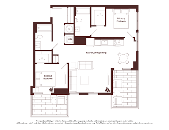 A floor plan of a house with a kitchen, living room, dining room, and two bedrooms.