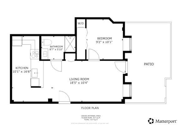 Floor Plan  A floor plan for a home with a living room, kitchen, bathroom, and bedroom at Tallmadge Lofts in Denver, CO 80211