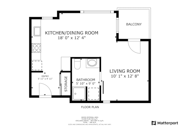 Floor Plan  A floor plan of a living space with a kitchen, dining room, and bathroom.