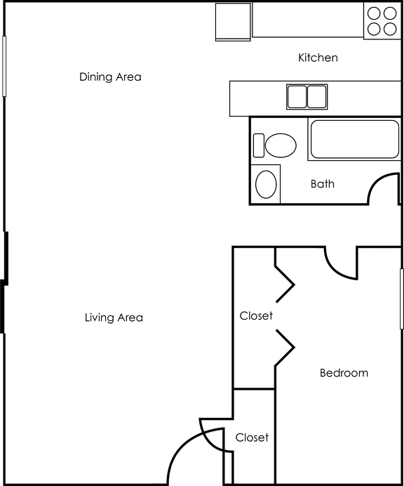 A floor plan of a house with a kitchen, dining area, living area, two closets, and a bath.