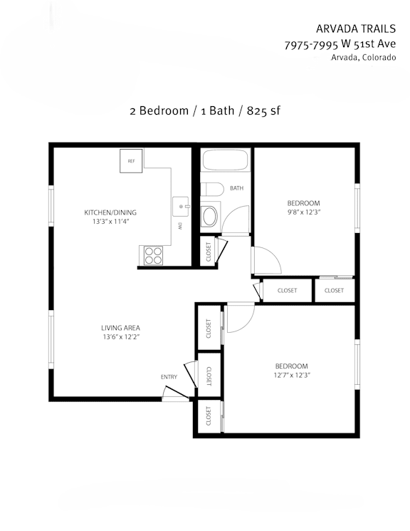A drawing of a floor plan for a 2 Bedroom / 1 Bath / 825 sf apartment.