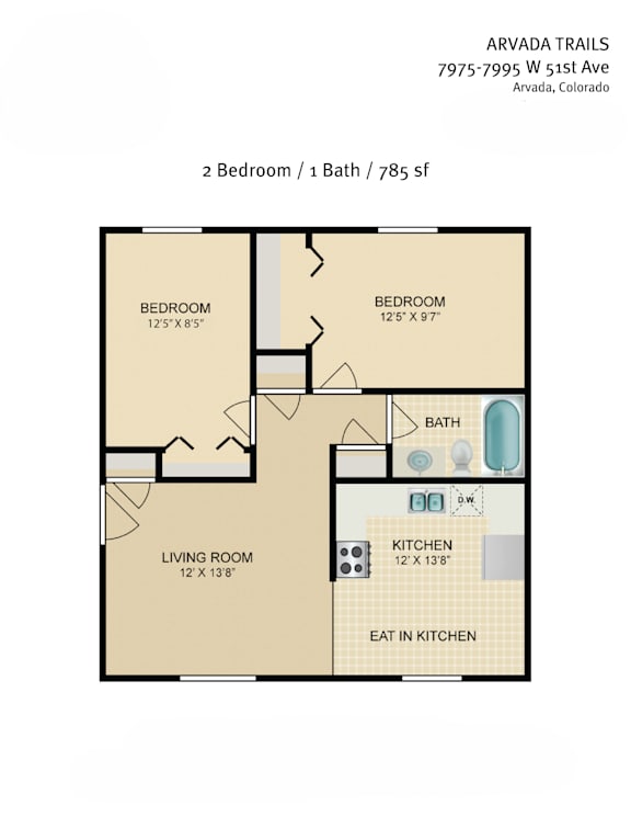 A floor plan for a 2 bedroom, 1 bathroom apartment at Arvada Trails.