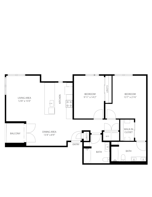 Floor Plan  2Bedroom 2Bathroom Floor Plan at Mile Apartments, Denver, 80204