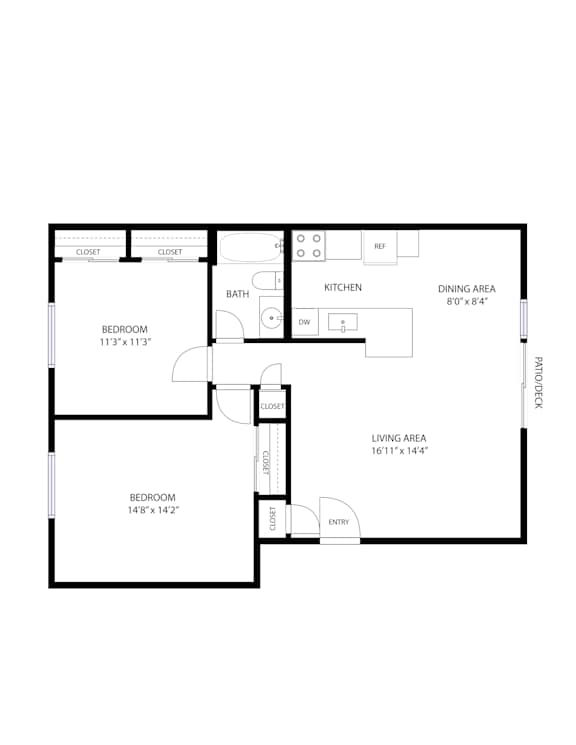 A floor plan of a house with a living area, dining area, kitchen, two bedrooms, a bathroom, and an entry.