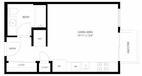 A black and white image of a floor plan for a living space.
