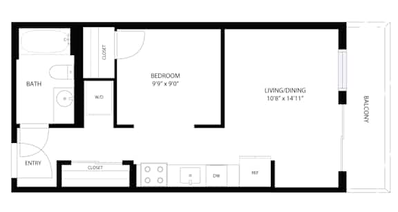 A floor plan of a house with a bedroom, bathroom, living/dining area, closet, entry, and a reference area.