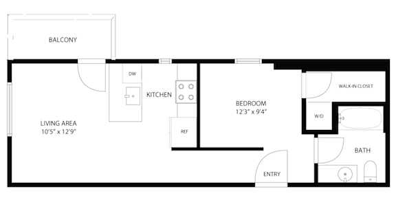 A floor plan of a small apartment with a living area, kitchen, bedroom, and bathroom.