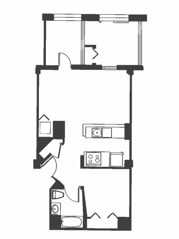 A black and white drawing of a house with a kitchen, living room, and bathroom.