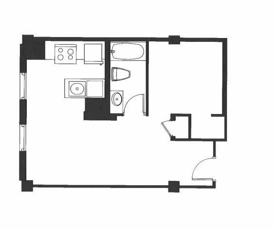 Floor Plan  A black and white image of a floor plan with a kitchen, living room, and bathroom.