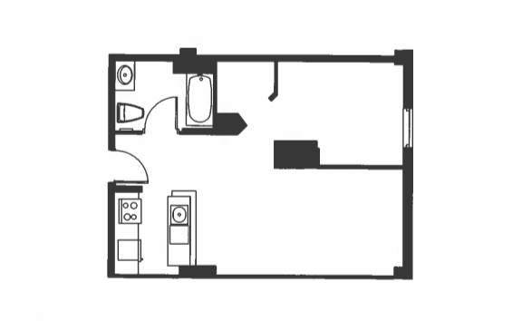 A black and white drawing of a room with a bed, a desk, and a chair.