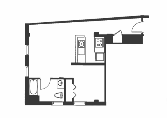 A black and white drawing of a room with a desk and a chair.