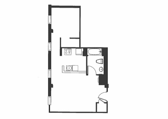 A black and white drawing of a floor plan with a kitchen area.