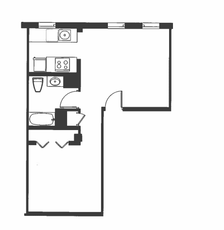 A black and white drawing of a room with a desk and a bed.