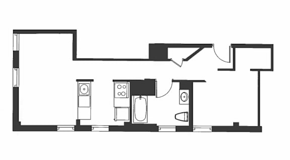 A black and white drawing of a room with furniture.