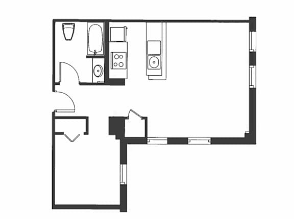 A black and white drawing of a room with a bed, a desk, a chair, a wardrobe, a cupboard, a sink, a toilet, and a bathtub.