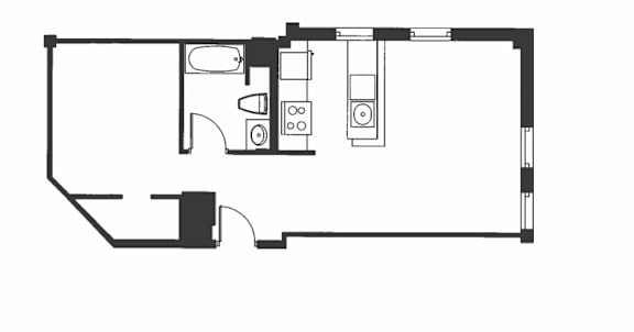 A black and white floor plan of a house with a kitchen, living room, and bathroom.