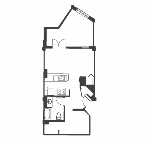 A black and white drawing of a house with a kitchen and living room.
