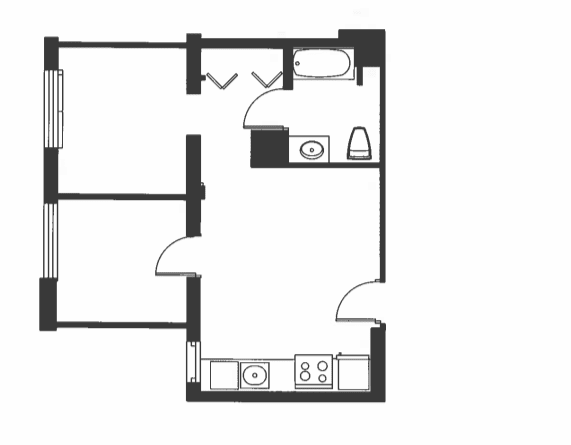 A black and white drawing of a house layout.