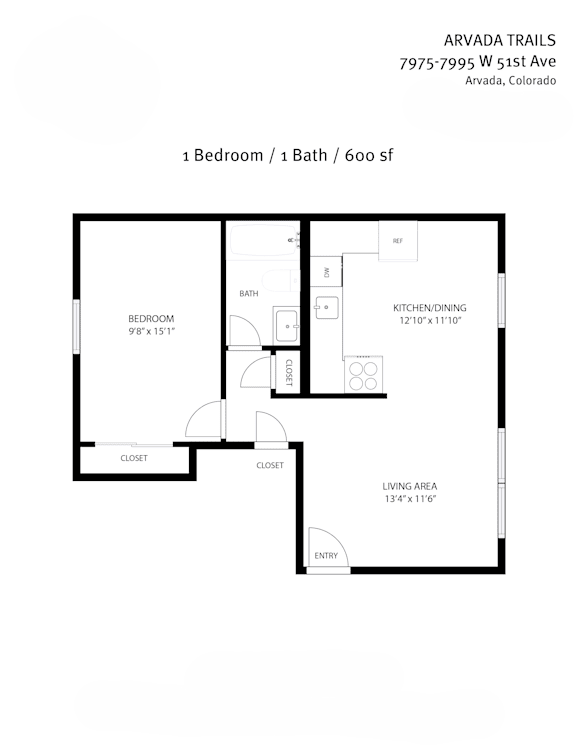 Floor Plan  A floor plan for a one bedroom apartment with a bath and a living area.