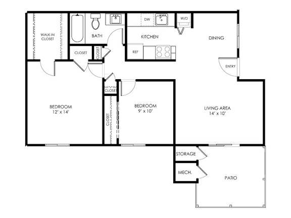 A floor plan of a house with two bedrooms, a living area, a kitchen, a dining room, a bathroom, a walk-in closet, a pantry, a storage area, and a patio.